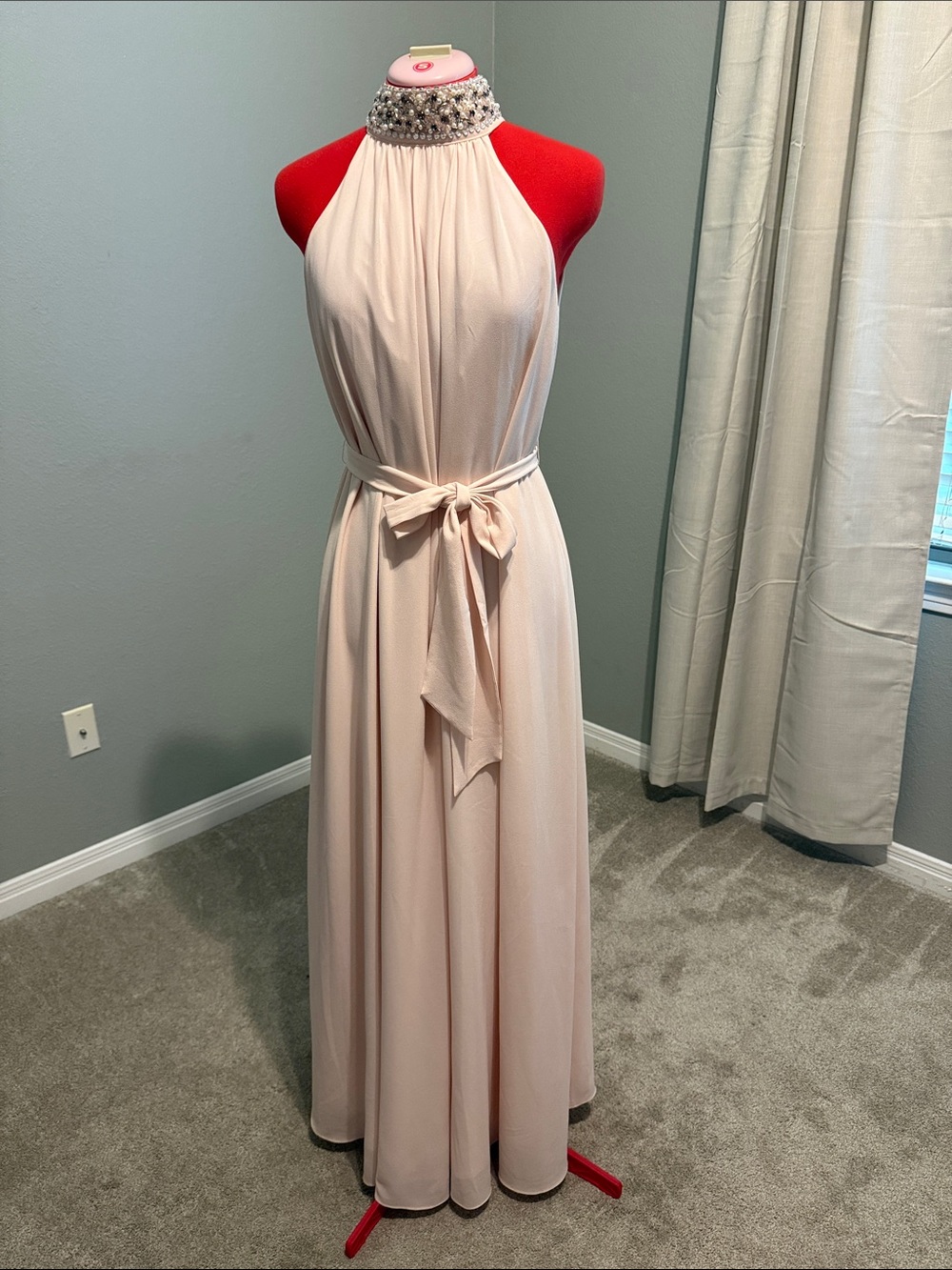 Badgley Mischka Blush Halter Maxi Dress with Jeweled Collar
